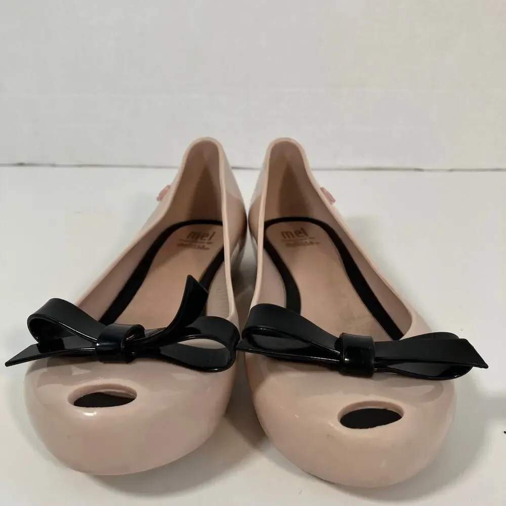 MINI MELISSA Girls Sz 1 Ultragirl Classy Jelly Shoes in Pink w Black Bow WORN